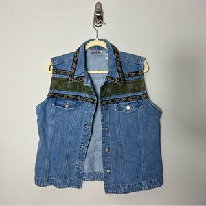 Vintage 2000s Bill Blass Denim Jean Vest Western Cowboy Print Sleeveless Coat *R